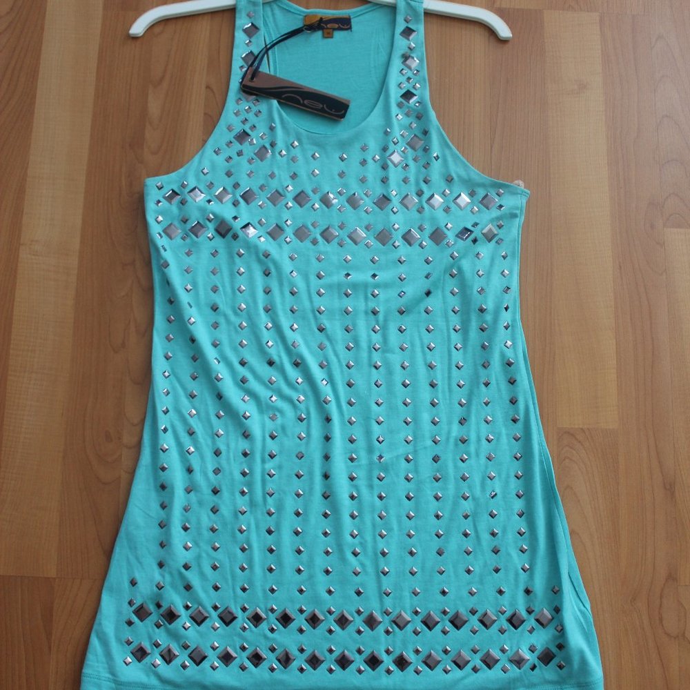 NEW Sz M Metallic Studded Sky Blue Shift Dress NWT